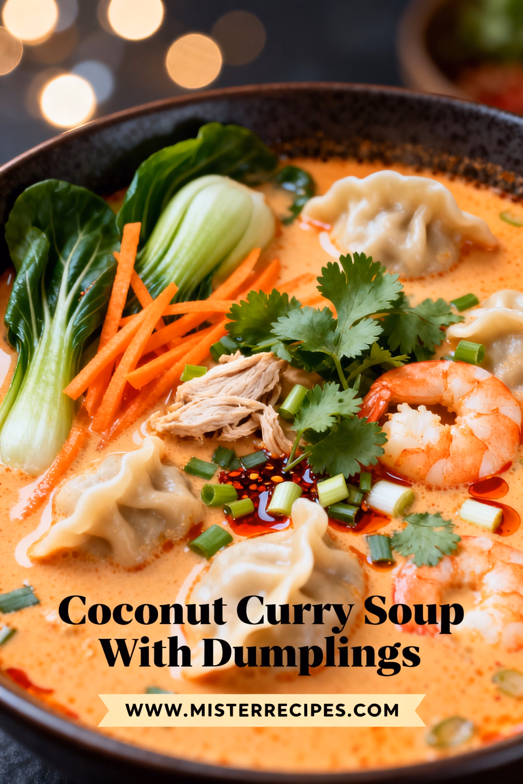 image of top down mise en place shot on white marble kitchen counter with healthy clear glass bowls and rustic brown wooden kitchen sets under soft diffuse daylight showing fresh coconut milk vegetable broth frozen dumplings thai red curry paste onion garlic ginger scallions mushrooms bok choy lime soy sauce