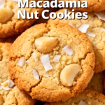 image of realistic top down mise en place shot of fresh ingredients for coconut macadamia nut cookies arranged on white marble kitchen counter with clear glass bowls containing all purpose flour unsalted butter brown sugar granulated sugar eggs vanilla extract macadamia nuts shredded sweetened coconut white chocolate chips baking soda salt and rustic brown wooden spoons under soft diffuse daylight