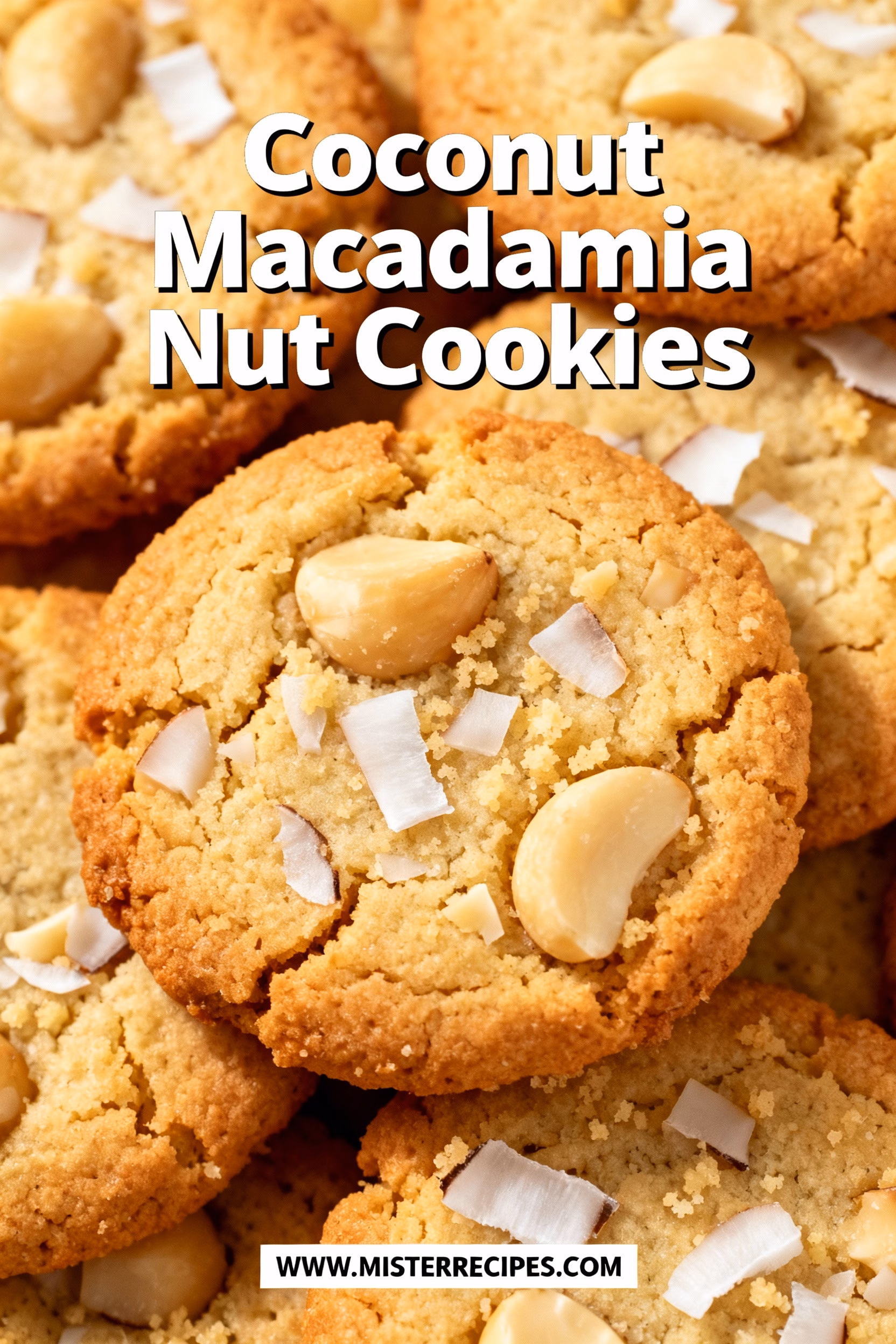 image of realistic top down mise en place shot of fresh ingredients for coconut macadamia nut cookies arranged on white marble kitchen counter with clear glass bowls containing all purpose flour unsalted butter brown sugar granulated sugar eggs vanilla extract macadamia nuts shredded sweetened coconut white chocolate chips baking soda salt and rustic brown wooden spoons under soft diffuse daylight