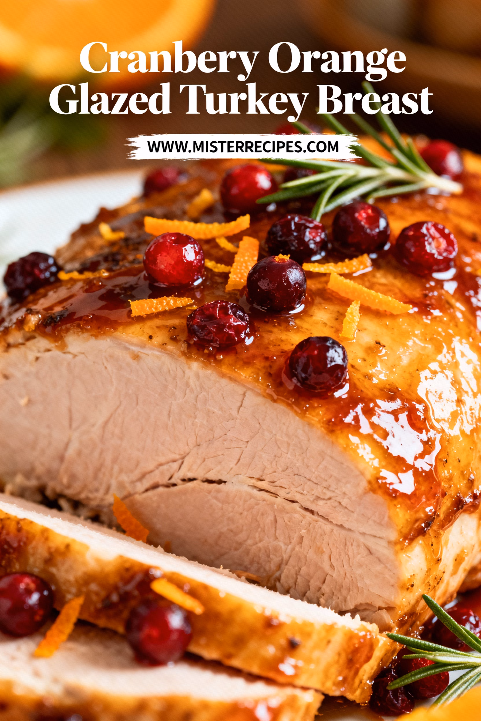 image of a top down mise en place shot on white marble kitchen counter fresh turkey breast fresh cranberries orange juice orange zest honey brown sugar olive oil butter thyme rosemary salt pepper in clear glass bowls with rustic brown wooden kitchen sets under soft diffuse daylight