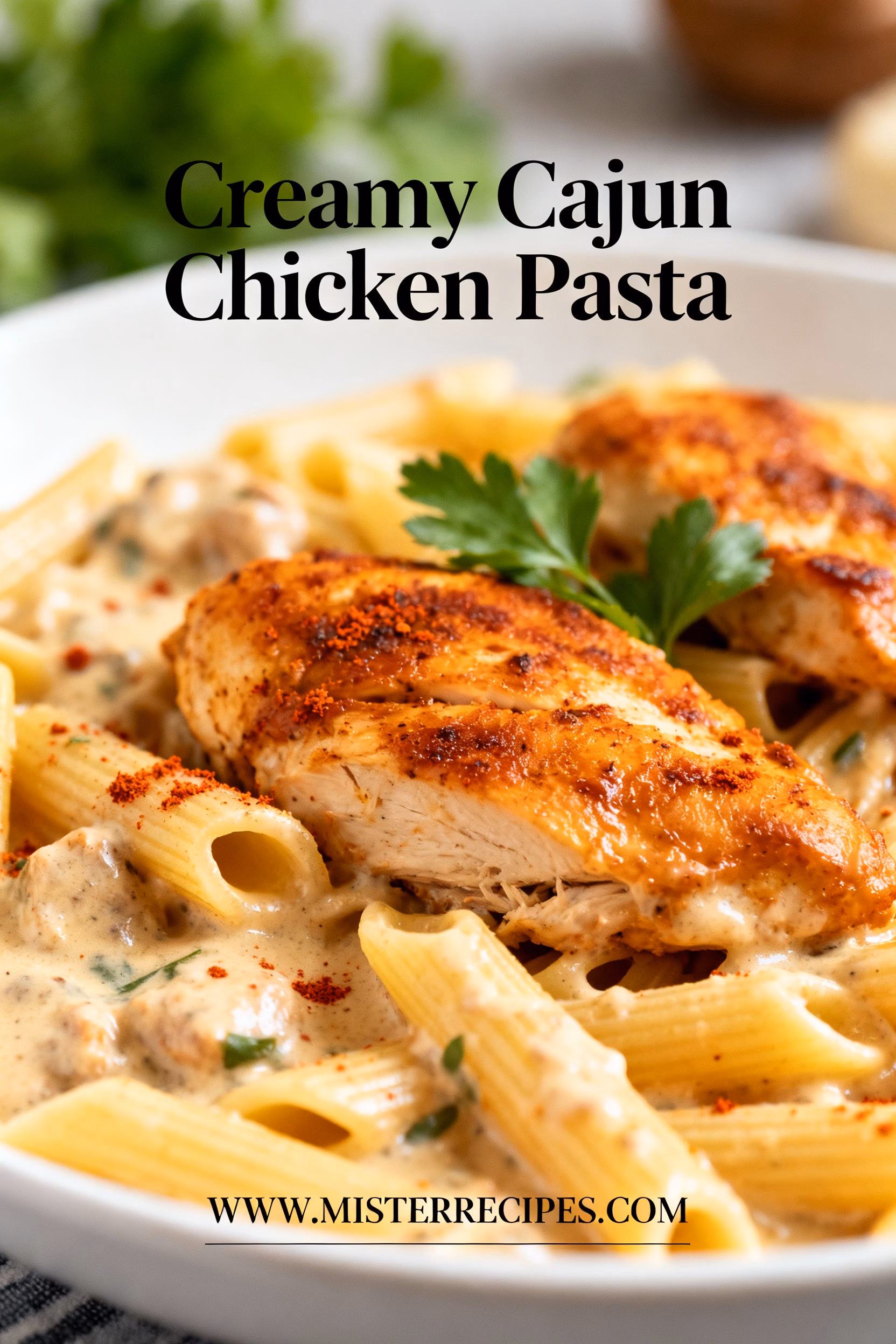 image of realistic top down mise en place shot showing fresh ingredients on white marble kitchen counter with healthy clear glass bowls and rustic brown wooden kitchen sets under soft diffuse daylight chicken breasts sliced bell peppers onions garlic penne pasta heavy cream cajun seasoning parmesan cheese fresh parsley arranged for creamy cajun chicken pasta recipe