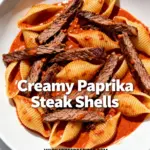 image of sirloin steak pasta shells smoked paprika heavy cream beef broth parmesan cheese garlic onion olive oil butter tomato paste parsley