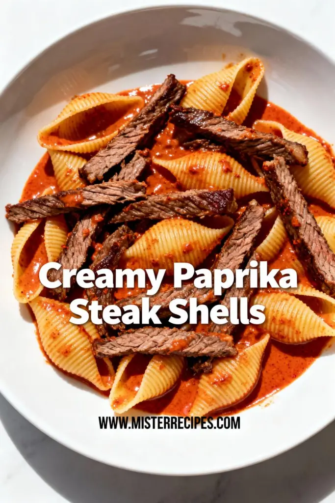 image of sirloin steak pasta shells smoked paprika heavy cream beef broth parmesan cheese garlic onion olive oil butter tomato paste parsley