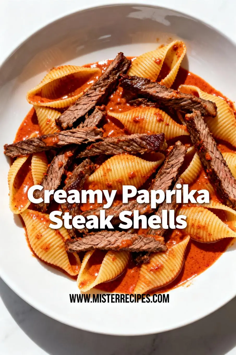 image of sirloin steak pasta shells smoked paprika heavy cream beef broth parmesan cheese garlic onion olive oil butter tomato paste parsley