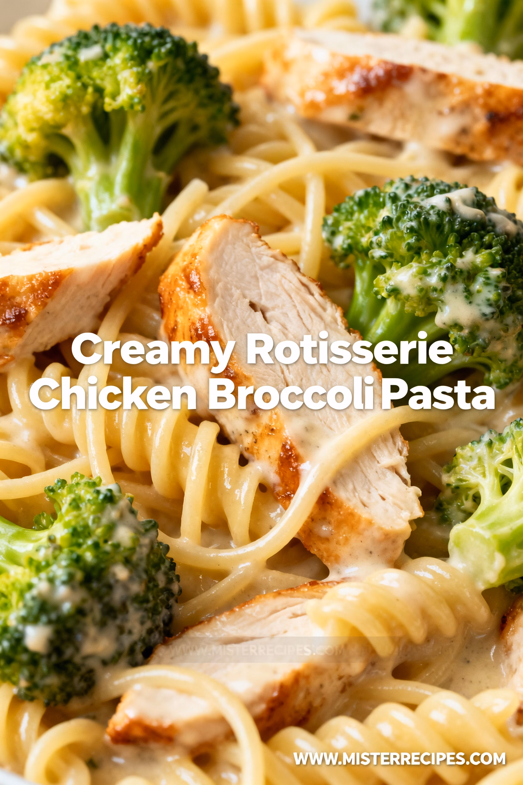 image of rotisserie chicken shredded penne pasta fresh broccoli florets heavy cream parmesan cheese cheddar cheese butter garlic yellow onion Italian seasoning arranged on white marble kitchen counter with glass bowls wooden utensils under soft daylight