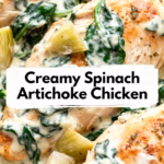 image of boneless skinless chicken breasts heavy cream parmesan cheese cream cheese artichoke hearts fresh baby spinach garlic butter olive oil onion white yellow chicken broth sour cream lemon juice salt black pepper red pepper flakes italian seasoning paprika old bay seasoning mozzarella cheese sundried tomatoes capers greek yogurt arranged on white marble kitchen counter with clear glass bowls and rustic brown wooden kitchen sets under soft diffuse daylight