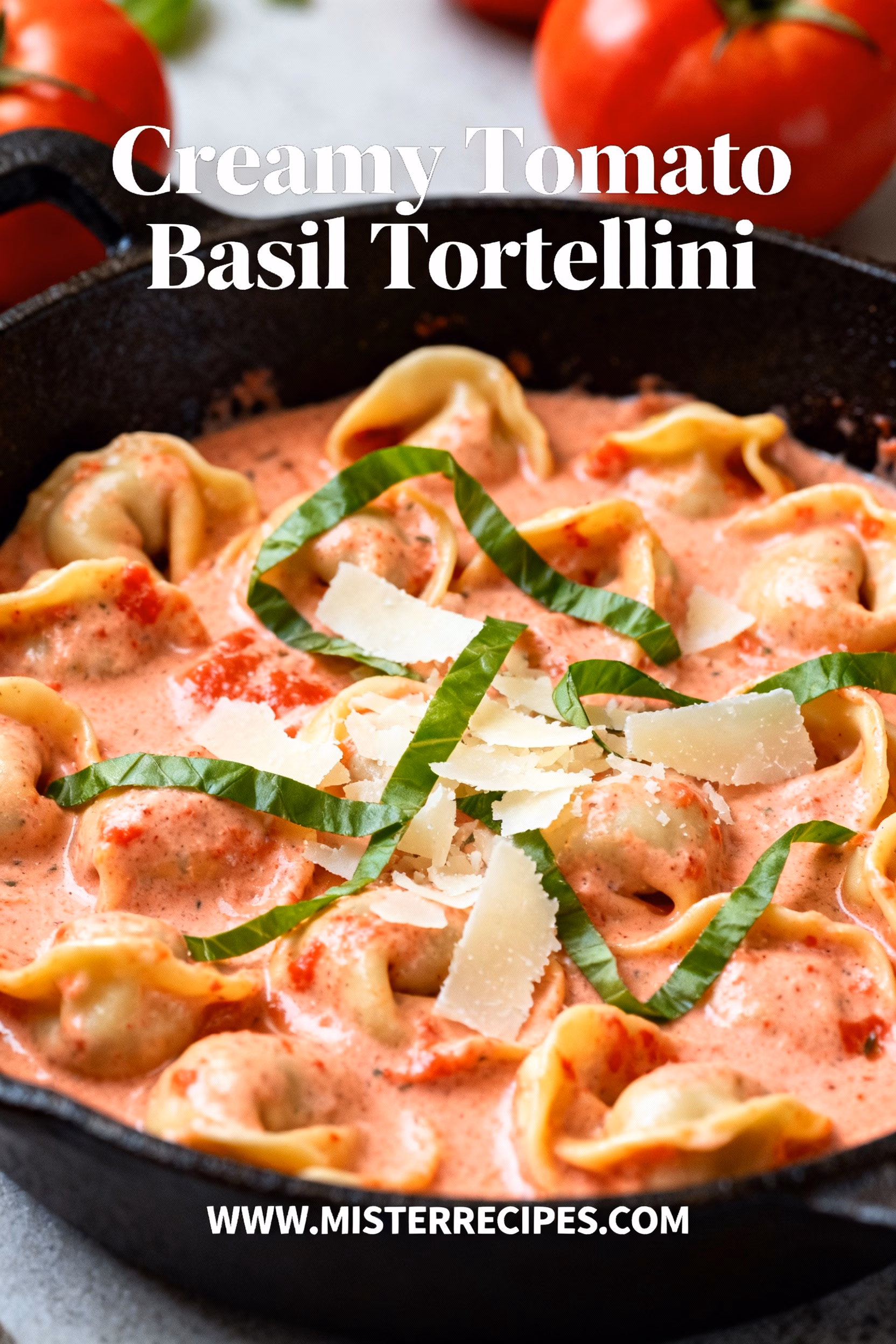 image of realistic top down mise en place shot showing cheese tortellini fresh basil roma tomatoes grape tomatoes sundried tomatoes heavy cream half and half garlic parmesan cheese fresh mozzarella baby spinach butter pancetta bacon arranged on white marble kitchen counter with healthy clear glass bowls rustic brown wooden kitchen sets under soft diffuse daylight