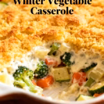 image of mixed winter vegetables carrots parsnips turnip rutabaga celery root potatoes sweet potatoes squash butternut acorn spaghetti squash cruciferous vegetables broccoli cauliflower brussels sprouts alliums onion garlic leeks cream heavy cream oat milk creamy binder cream of mushroom soup condensed soup cauliflower sauce cheese cheddar swiss mozzarella vegan cheese butter oil flour cornstarch breadcrumbs panko topping Italian seasoning mixed dried herbs fresh herbs thyme rosemary nutmeg chili powder salt black pepper arranged on white marble kitchen counter with clear glass bowls and rustic brown wooden kitchen sets under soft diffuse daylight