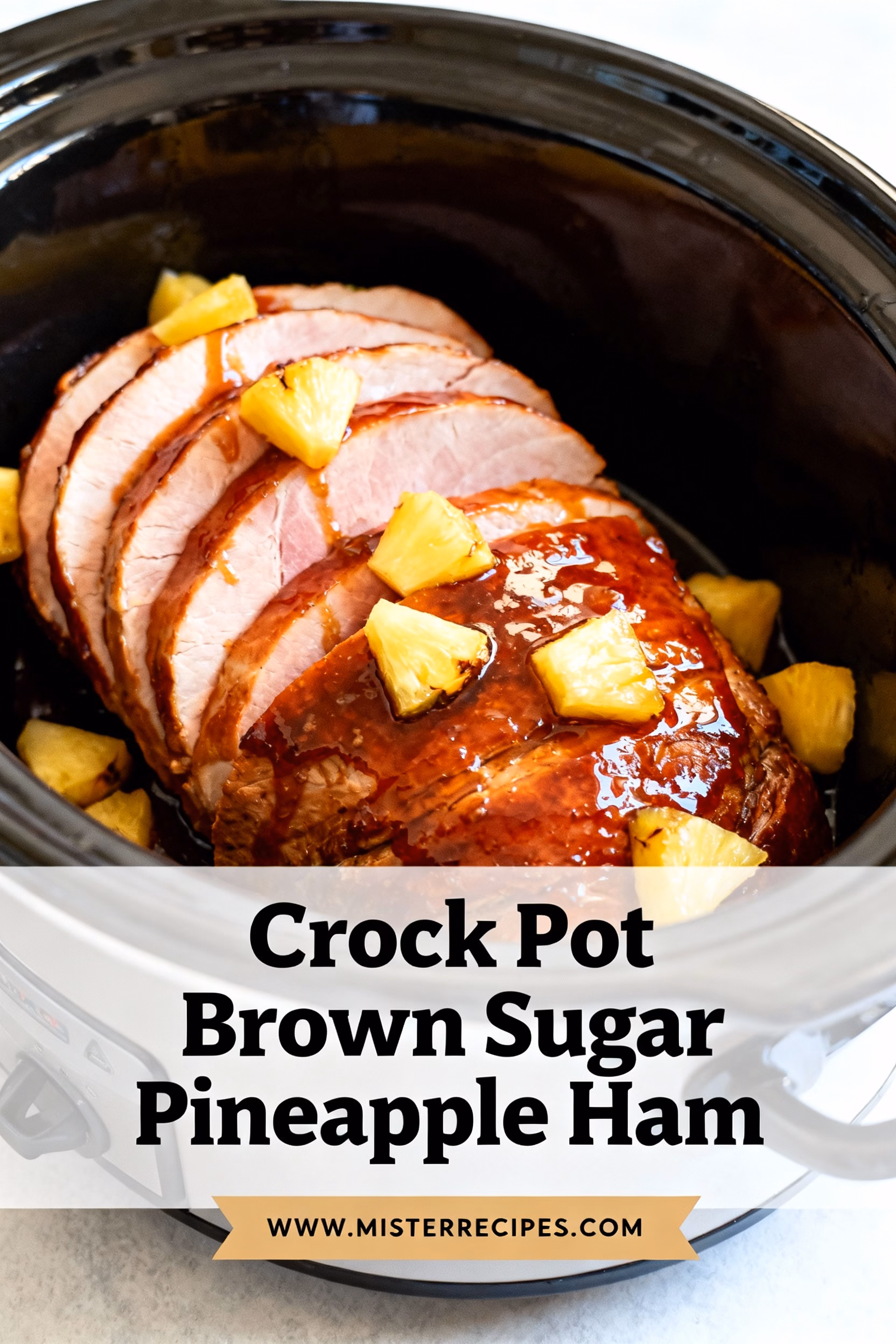 image of Mise en place top down shot pre cooked spiral ham brown sugar pineapple chunks undrained honey maple syrup dijon mustard garlic powder ground cloves cinnamon nutmeg ginger on a white marble counter with clear glass bowls and rustic brown wooden kitchen sets soft diffuse daylight realistic photo