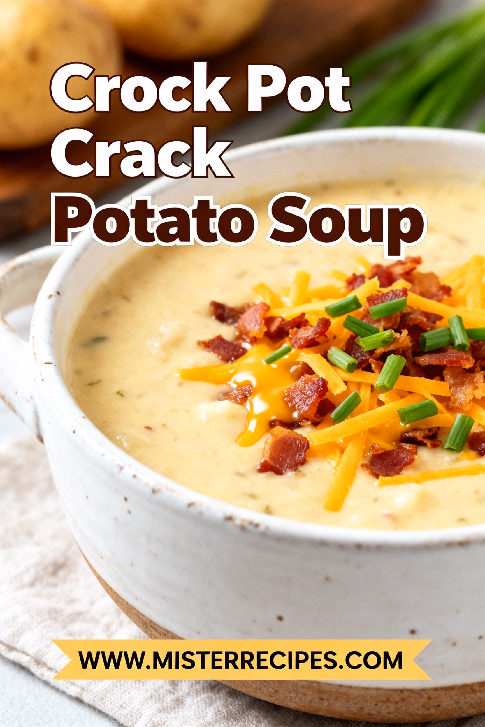 image of A realistic top down mise en place shot of all ingredients for creamy crock pot crack potato soup arranged on a white marble kitchen counter Ingredients include sliced raw potatoes shredded sharp cheddar cheese crispy bacon bits ranch seasoning mix chicken broth and sliced green onions Ingredients are displayed in clear glass bowls and rustic brown wooden kitchen sets The scene is lit with soft diffuse daylight