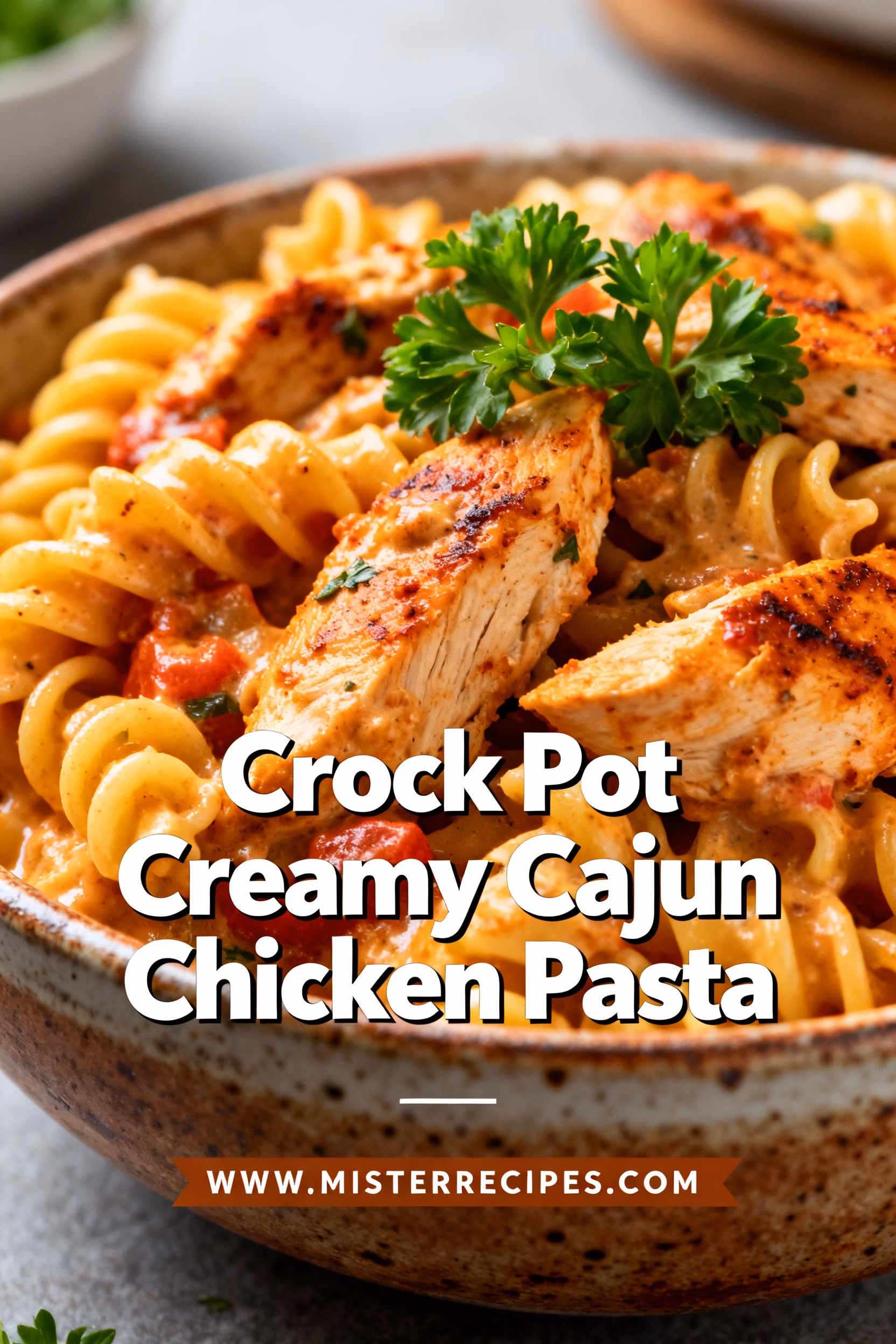 image of Boneless skinless chicken breasts penne pasta heavy cream chicken broth butter parmesan cheese cream cheese cajun seasoning garlic onion bell peppers tomatoes parsley on white marble counter with clear glass bowls and rustic wood sets soft daylight