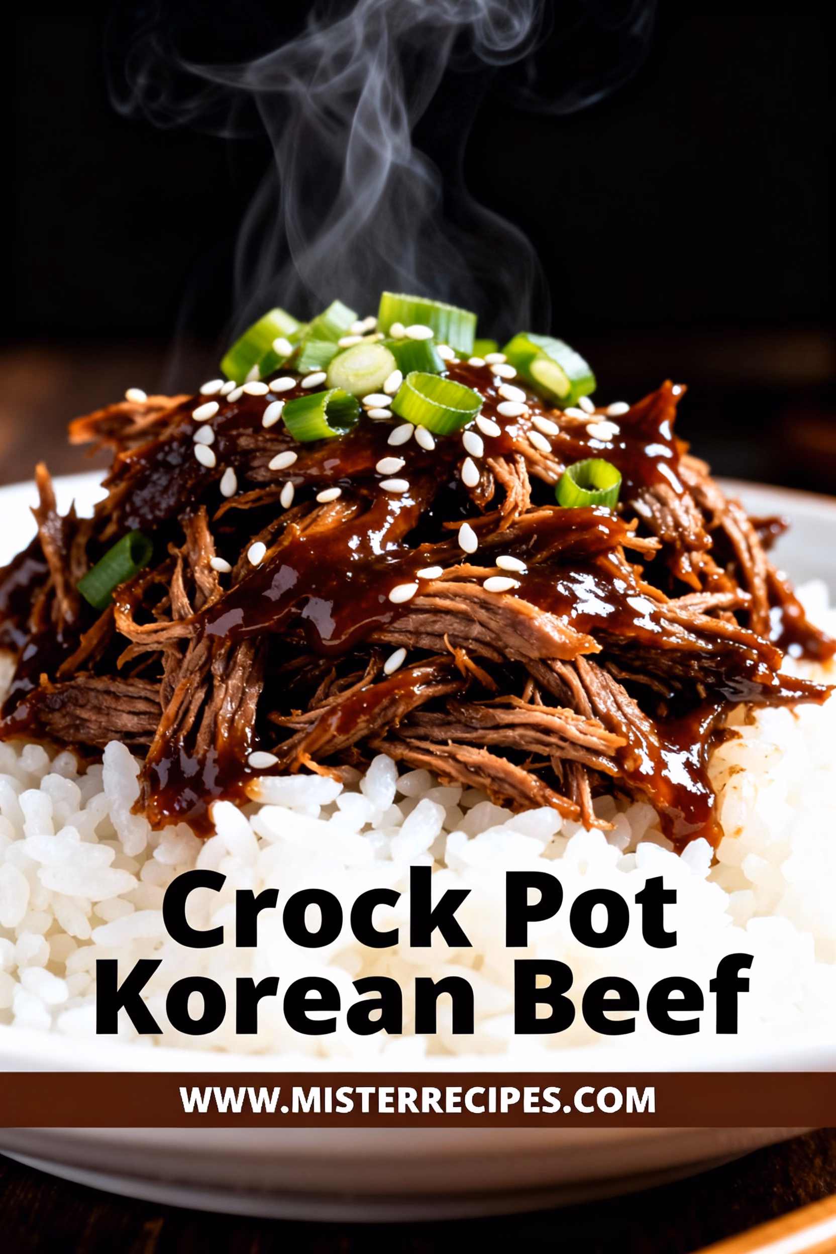 image of realistic top down mise en place shot showing the fresh ingredients for crock pot korean beef including sliced beef soy sauce brown sugar sesame oil fresh ginger minced garlic red pepper flakes sliced onions sesame seeds and chopped green onions arranged on a white marble kitchen counter with healthy clear glass bowls and rustic brown wooden kitchen sets under soft diffuse daylight