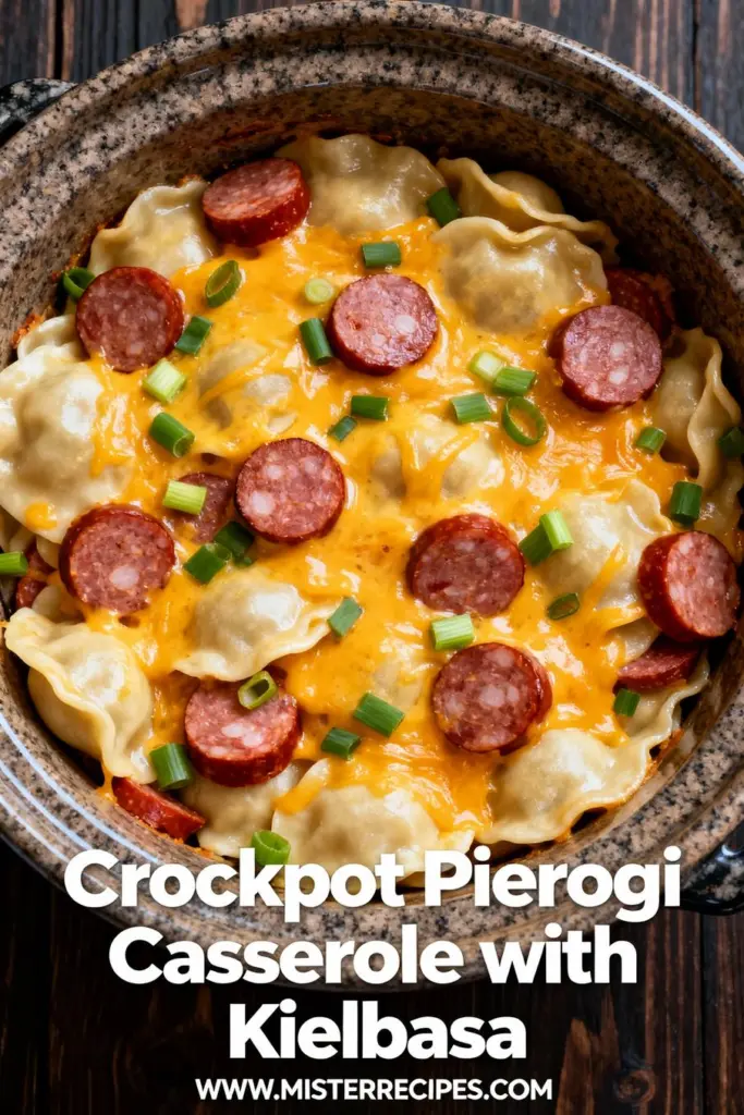 image of A realistic top down shot of mise en place ingredients for Crockpot Pierogi Casserole with Kielbasa on a white marble kitchen counter Ingredients include frozen pierogies smoked kielbasa cream cheese shredded cheddar chicken broth green onions sour cream bell pepper onion and minced garlic All ingredients are neatly arranged in healthy clear glass prep bowls and rustic brown wooden kitchen sets under soft diffuse daylight photography