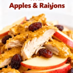 image of fresh cooked chicken breast crisp apples golden raisins creamy mayonnaise yellow curry powder crunchy celery red onion fresh parsley arranged on white marble counter with clear glass bowls rustic wooden kitchen sets soft daylight