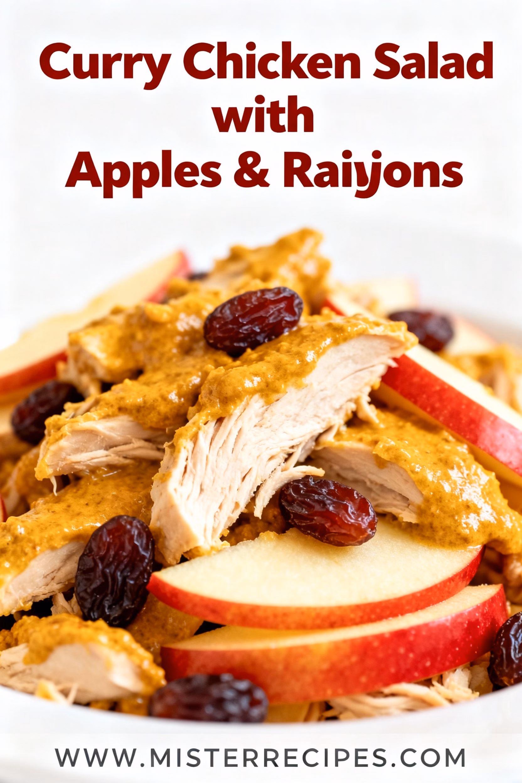 image of fresh cooked chicken breast crisp apples golden raisins creamy mayonnaise yellow curry powder crunchy celery red onion fresh parsley arranged on white marble counter with clear glass bowls rustic wooden kitchen sets soft daylight