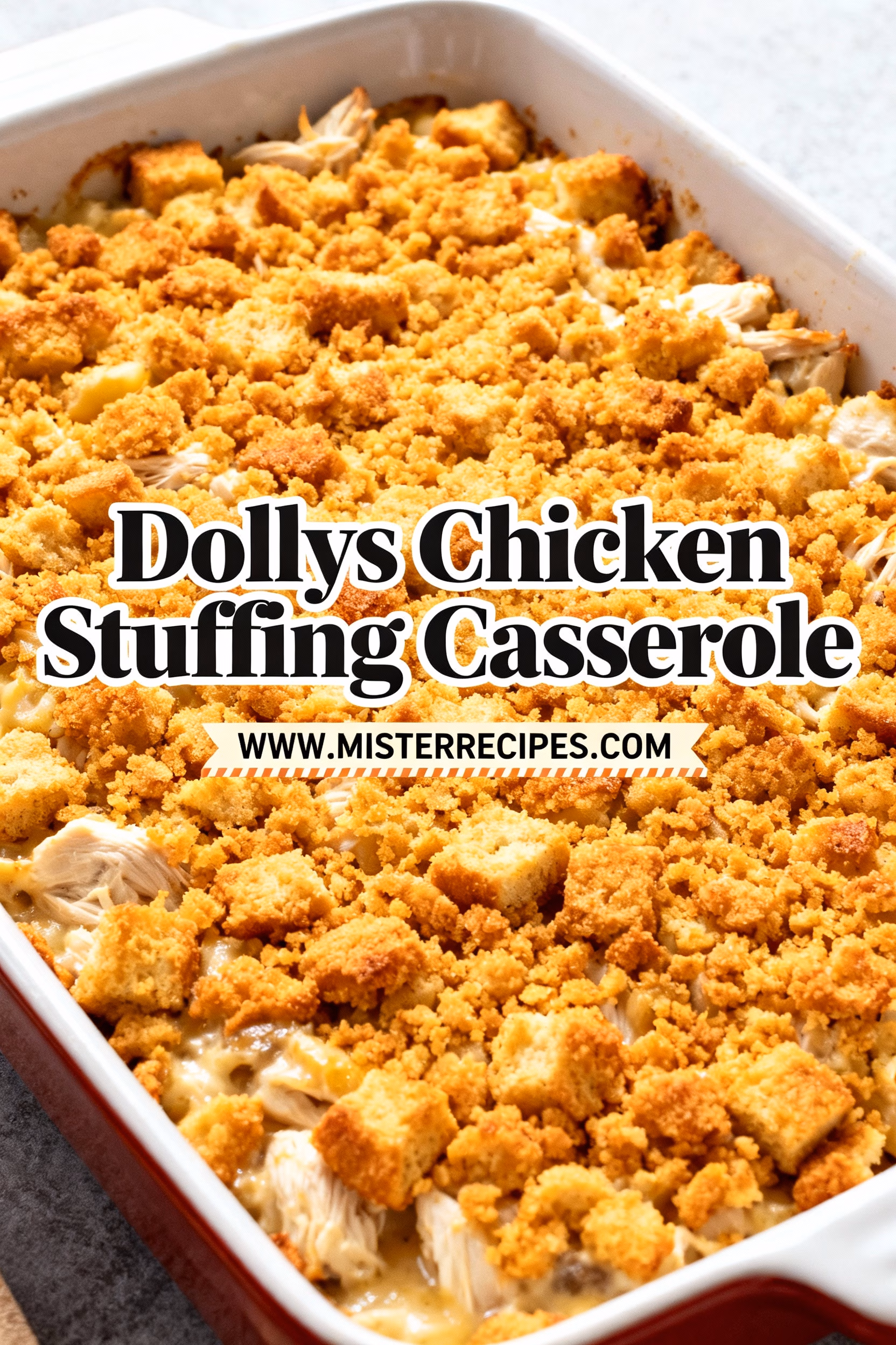 image of cooked shredded chicken boxed stuffing mix traditional or chicken flavored cream of chicken soup chicken broth or stock sour cream or mayonnaise cream of mushroom soup cream of celery soup milk butter melted or sliced shredded cheese cheddar or mixed garlic powder onion powder salt black pepper dried thyme poultry seasoning parsley fresh or dried frozen mixed vegetables peas carrots corn broccoli florets fresh or frozen green beans sauteed onions or celery bacon bits extra cheese topping fresh herbs such as thyme or rosemary panko or cracker crumb topping