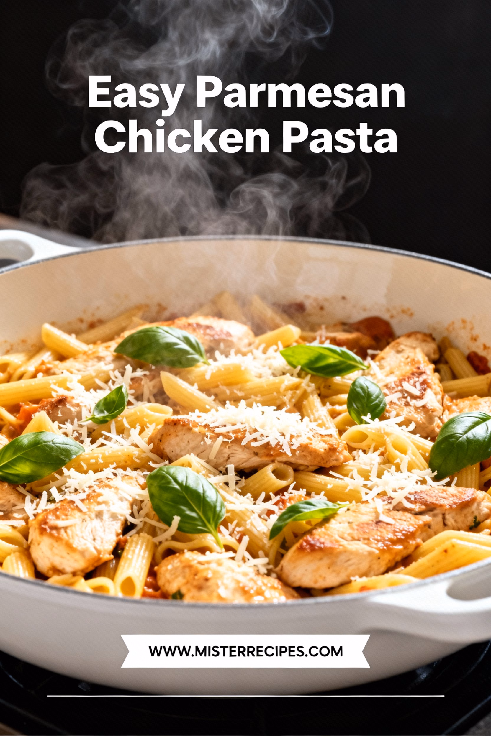 image of boneless skinless chicken breasts pasta penne freshly grated parmesan cheese chicken broth heavy cream olive oil garlic italian seasoning salt black pepper fresh parsley arranged on white marble counter with clear glass bowls and rustic wooden accents under soft diffuse daylight