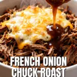 image of Mise en place shot featuring a raw chuck roast whole yellow onions beef broth butter garlic thyme worcestershire sauce bay leaves gruyere cheese white wine flour arranged on a white marble kitchen counter with clear glass bowls and rustic wooden utensils under soft diffuse daylight