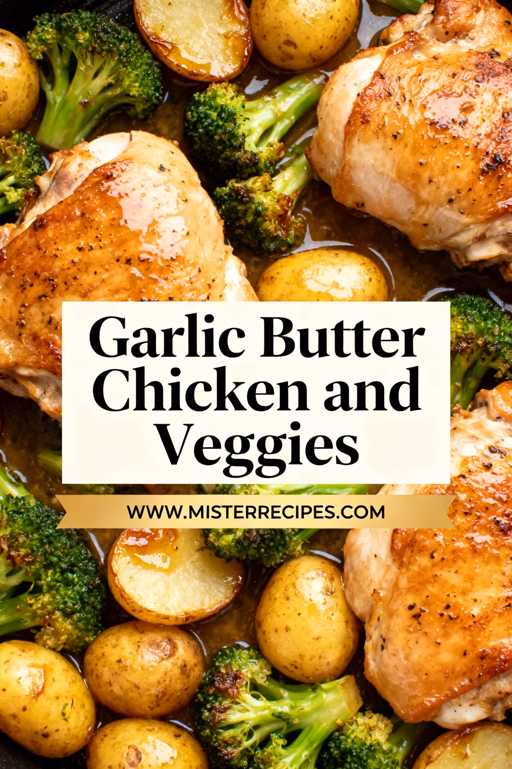 image of Realistic top down a mise en place shot of ingredients for Garlic Butter Chicken and Veggies on a white marble kitchen counter Ingredients include raw chicken breasts fresh garlic cloves chunks of salted butter baby potatoes broccoli florets asparagus spears olive oil italian seasoning thyme rosemary paprika and fresh parsley arranged in clear glass bowls and rustic brown wooden kitchen sets under soft diffuse daylight