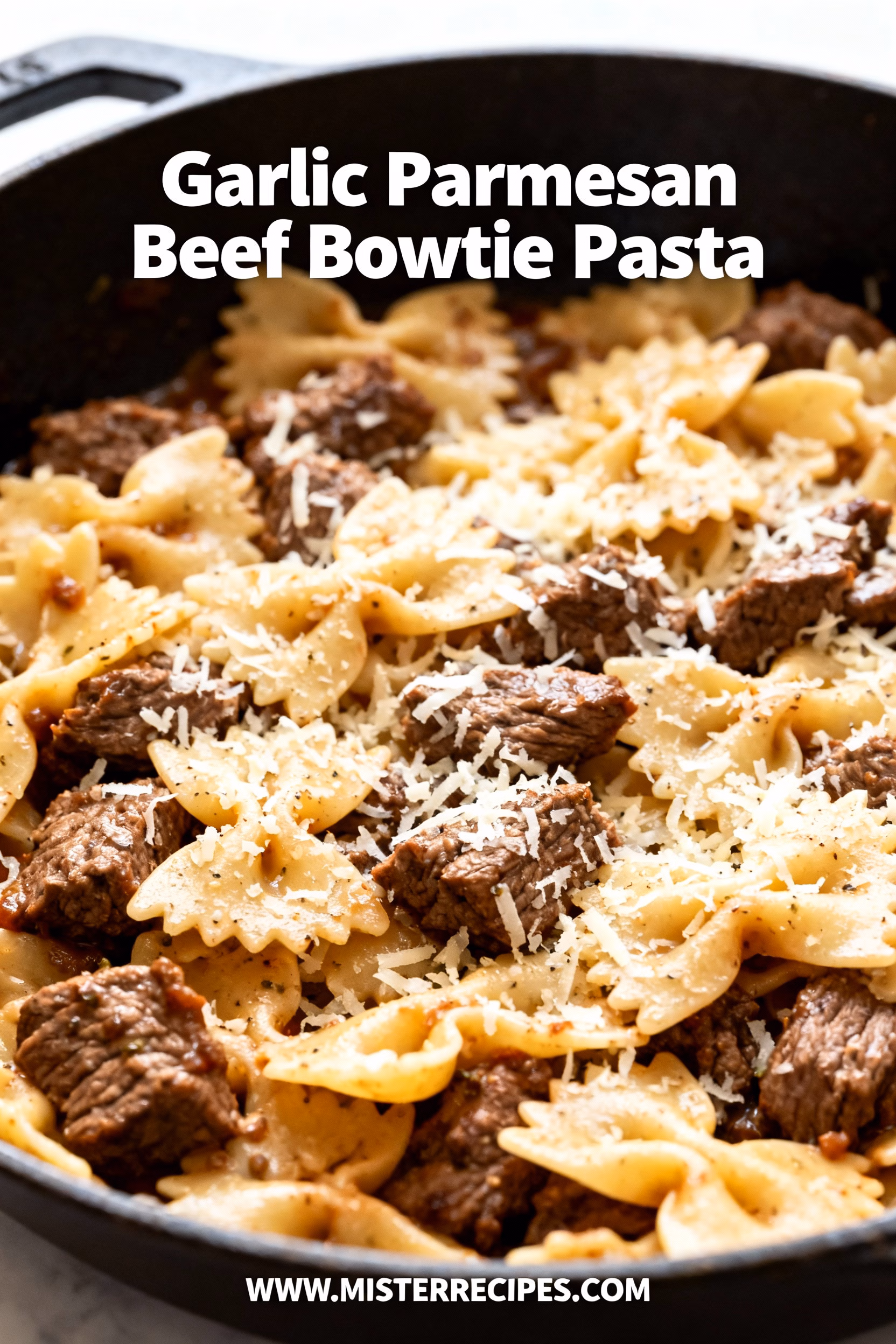 image of ground beef bowtie pasta parmesan cheese garlic beef broth onion powder Italian seasoning Worcestershire sauce parsley heavy cream arranged on white marble kitchen counter with clear glass bowls and rustic brown wooden kitchen sets under soft diffuse daylight