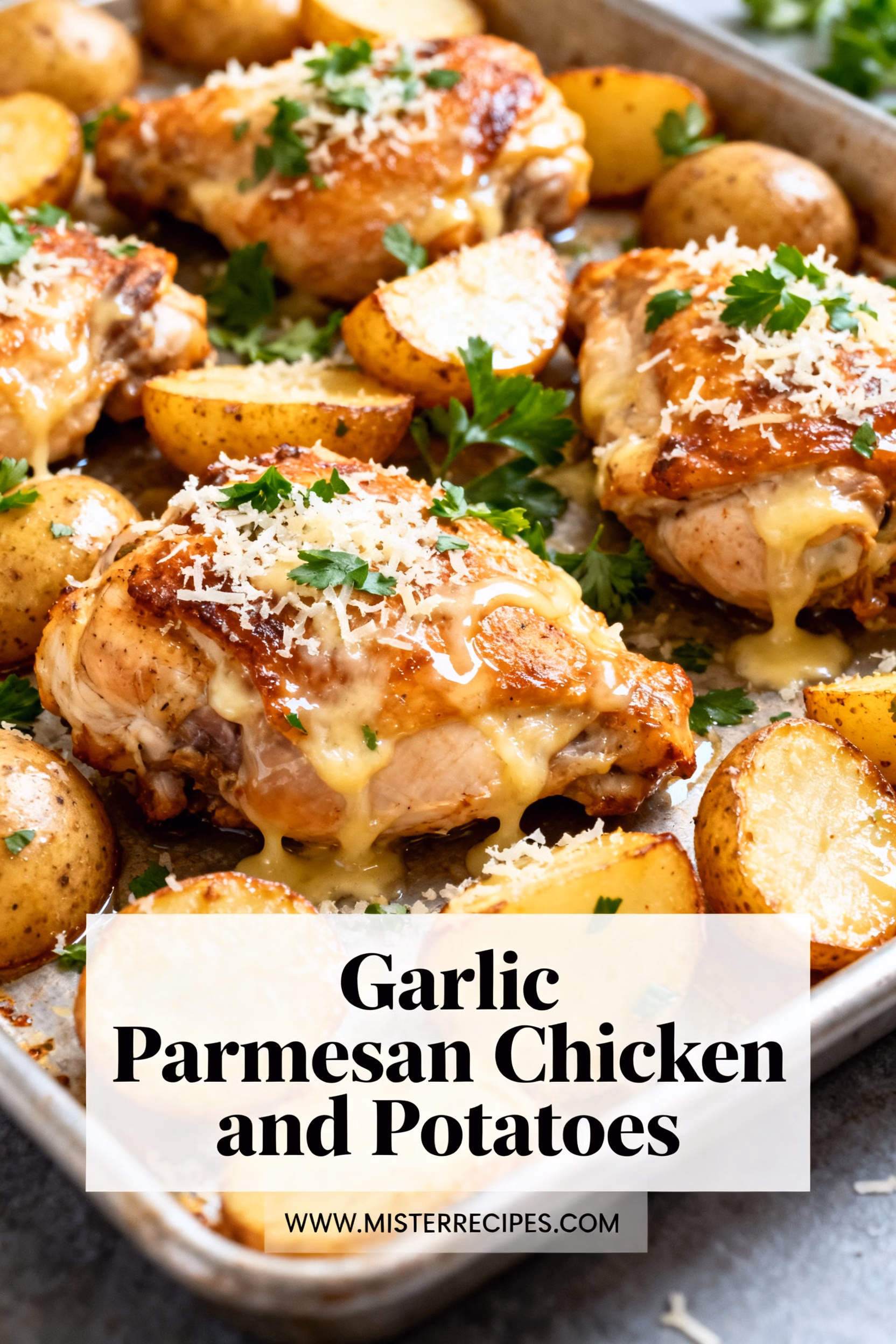 image of a top down flat lay of fresh raw chicken breasts baby yukon potatoes garlic cloves parmesan cheese olive oil butter fresh parsley and spinach arranged in healthy clear glass bowls and rustic brown wooden kitchen utensils on a white marble kitchen counter under soft diffuse daylight studio lighting very detailed food photography