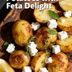 image of a top down mise en place shot showing red skinned potatoes feta cheese olive oil garlic oregano lemon salt black pepper parsley fresh mint fresh basil arranged on a white marble kitchen counter with healthy clear glass bowls and rustic brown wooden kitchen sets under soft diffuse daylight