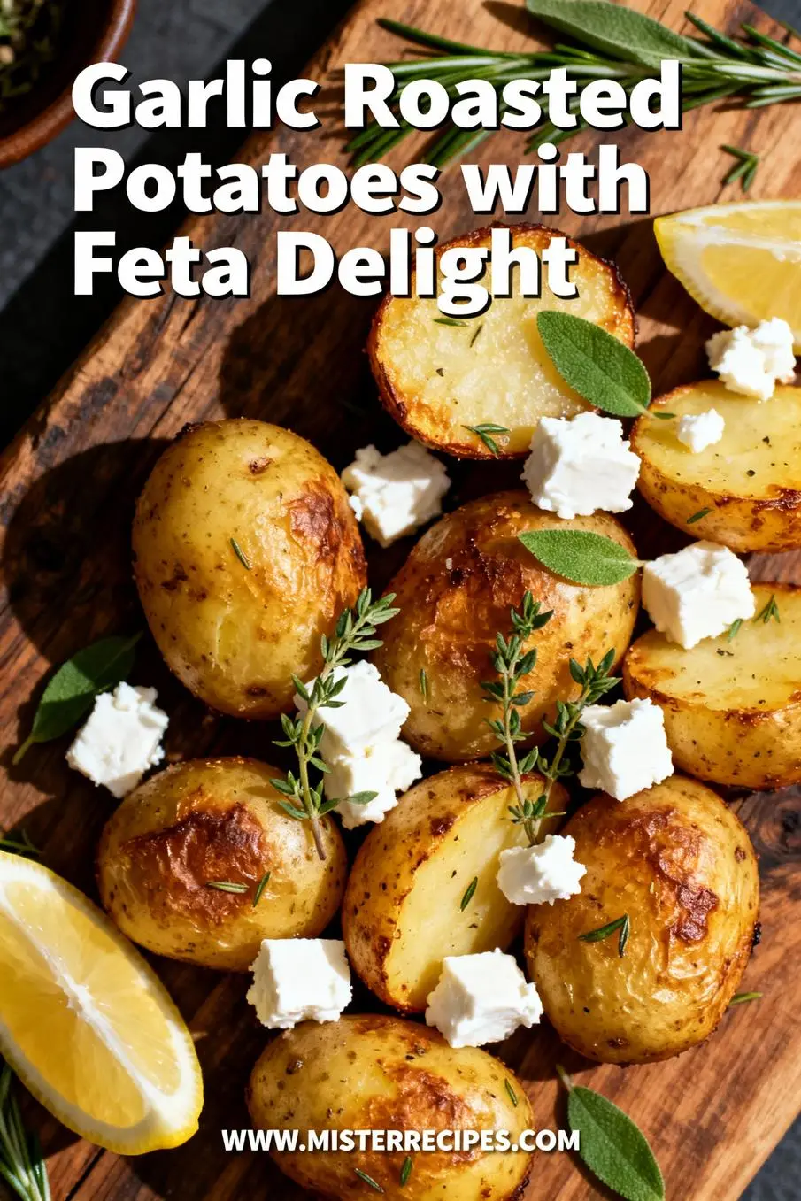 image of a top down mise en place shot showing red skinned potatoes feta cheese olive oil garlic oregano lemon salt black pepper parsley fresh mint fresh basil arranged on a white marble kitchen counter with healthy clear glass bowls and rustic brown wooden kitchen sets under soft diffuse daylight