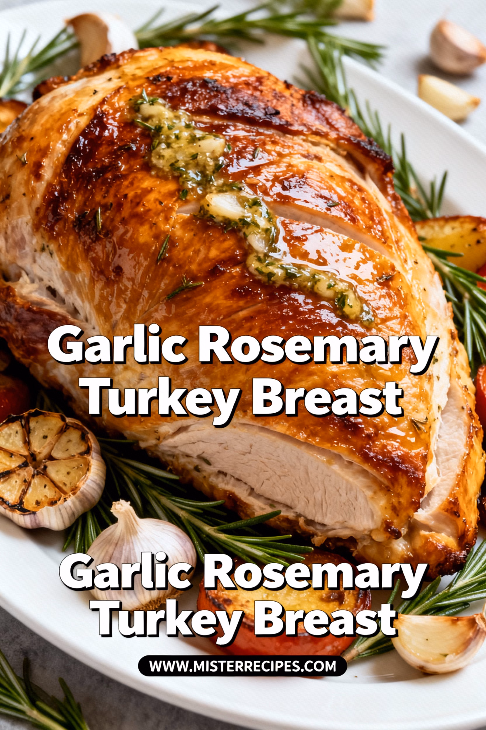 image of realistic top down mise en place shot boneless skin on turkey breast fresh garlic cloves fresh rosemary sprigs unsalted butter olive oil kosher salt black pepper white marble kitchen counter healthy clear glass bowls rustic brown wooden kitchen sets soft diffuse daylight