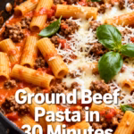 image of fresh ground beef raw pasta penne onion garlic canned tomatoes tomato paste olive oil Italian seasoning parmesan cheese heavy cream fresh basil parsley arranged on white marble kitchen counter with clear glass bowls and rustic brown wooden kitchen sets under soft diffuse daylight
