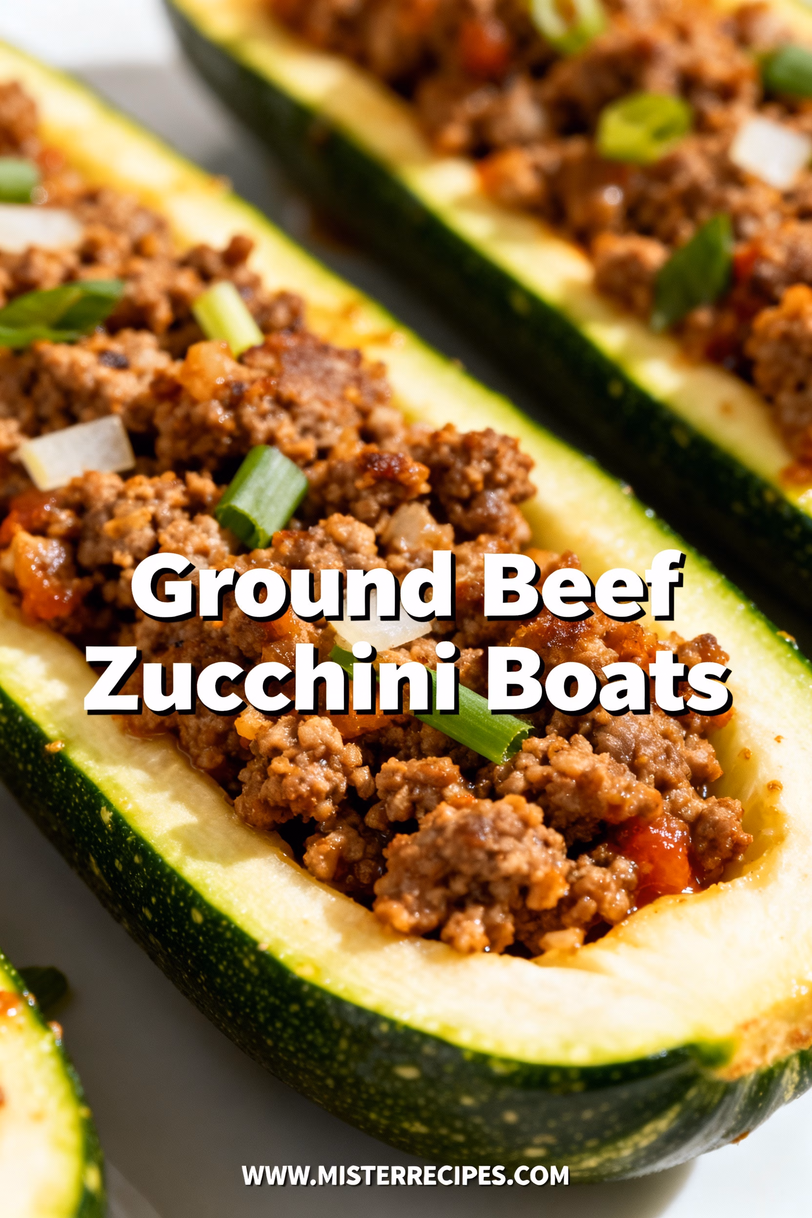 image of Realistic top down mise en place shot showing fresh zucchini ground beef onion garlic tomato paste marinara sauce mozzarella cheese parmesan cheese arranged on white marble kitchen counter with healthy clear glass bowls and rustic brown wooden kitchen sets under soft diffuse daylight