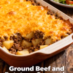 image of fresh ground beef russet potatoes shredded cheddar cheese cream of mushroom soup diced onion minced garlic milk butter salt pepper frozen green beans sweet corn arranged on white marble kitchen counter with clear glass bowls and rustic brown wooden utensils under soft diffuse daylight