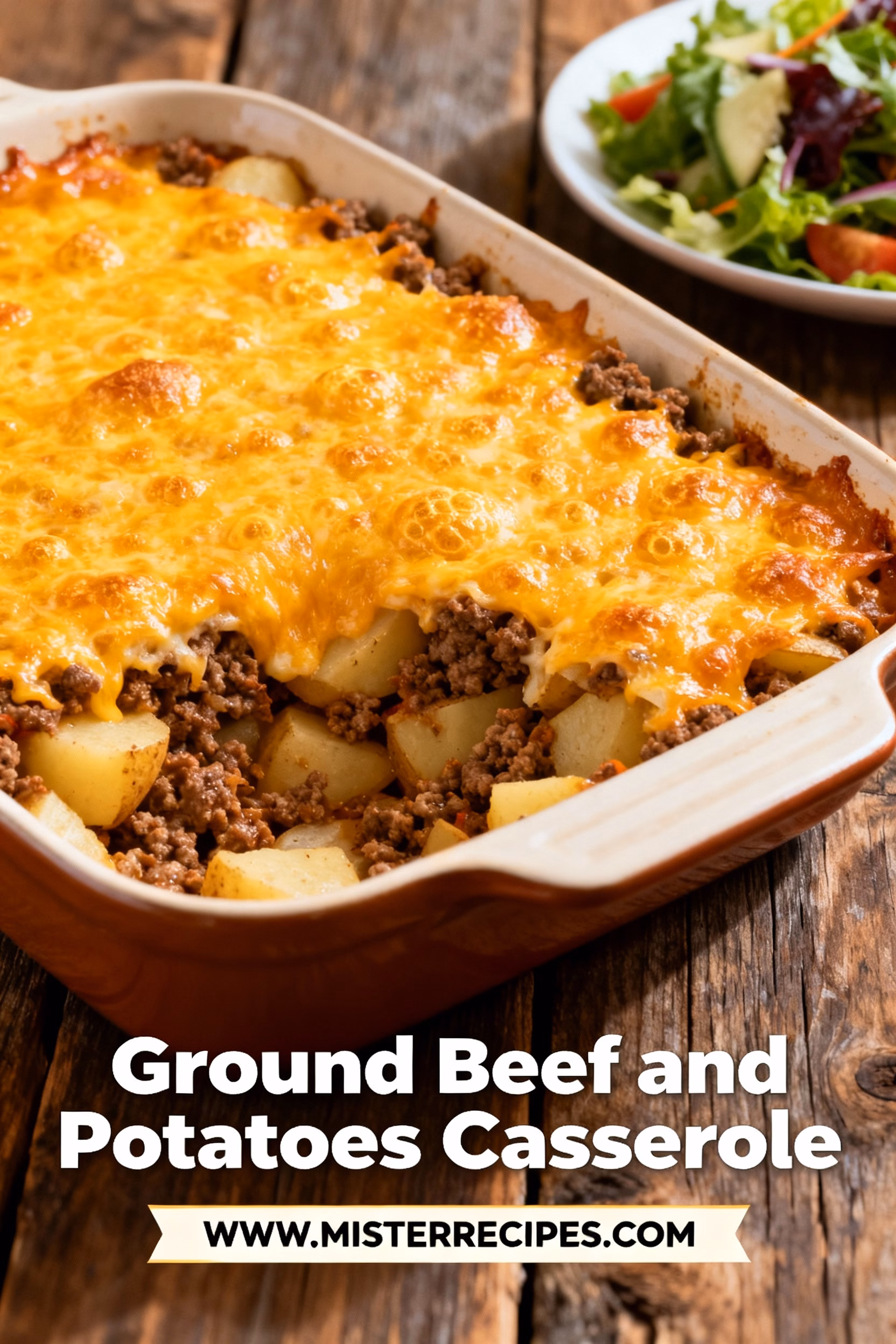 image of fresh ground beef russet potatoes shredded cheddar cheese cream of mushroom soup diced onion minced garlic milk butter salt pepper frozen green beans sweet corn arranged on white marble kitchen counter with clear glass bowls and rustic brown wooden utensils under soft diffuse daylight