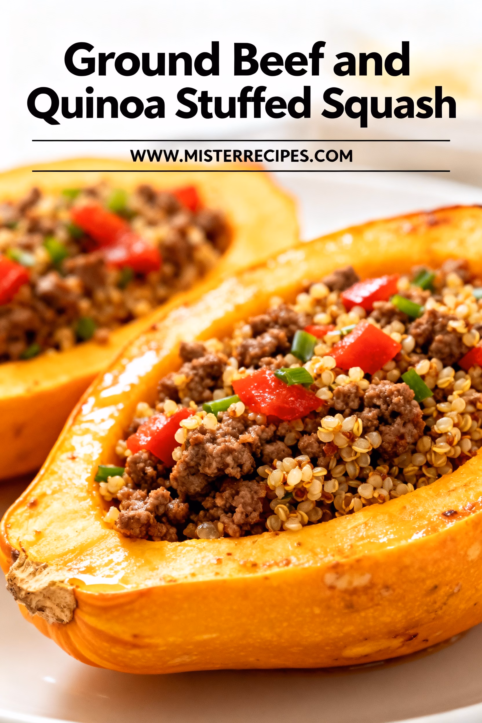 image of fresh ground beef acorn squash butternut squash delicata squash pattypan squash cousa squash quinoa olive oil onion garlic parmesan cheese pepperjack cheese cheddar cheese spinach beef broth jalapeño bell peppers pecans pine nuts black beans cranberries mushrooms tomatoes sage thyme parsley chives cinnamon cumin cayenne pepper lemon zest sunflower seeds pumpkin seeds arranged on white marble kitchen counter with healthy clear glass bowls and rustic brown wooden kitchen sets under soft diffuse daylight