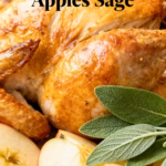 image of realistic top down mise en place shot showing bone in skin on chicken thighs whole roasting chicken breasts honeycrisp apples fuji apples gala apples granny smith apples fresh sage butter olive oil garlic fresh thyme fresh rosemary red onions yellow onions potatoes sweet potatoes carrots brussels sprouts apple cider white wine chicken stock shallots lemons limes red grapes fresh parsley salt pepper arranged on white marble kitchen counter with clear glass bowls rustic brown wooden boards under soft diffuse daylight