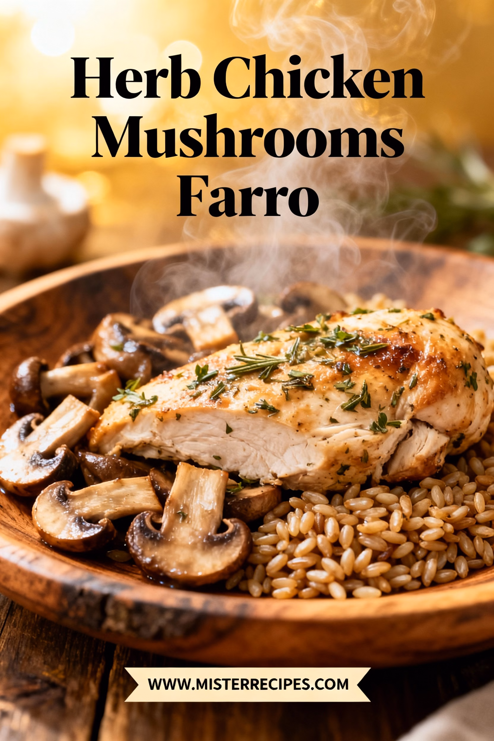 image of Mise en place shot top down realistic style fresh ingredients for Herb Chicken Mushrooms Farro perfectly arranged on a white marble kitchen counter healthy clear glass bowls rustic brown wooden kitchen sets soft diffuse daylight main ingredients include chicken breasts chicken thighs farro mushrooms cremini button wild mix chicken broth olive oil butter garlic onion fresh herbs thyme rosemary sage parsley oregano parmesan cheese