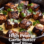 image of realistic top down mise en place shot fresh ingredients arranged on a white marble kitchen counter healthy clear glass bowls rustic brown wooden kitchen sets soft diffuse daylight beef sirloin cubes butter fresh garlic cloves olive oil salt black pepper fresh parsley red pepper flakes shallots green onions parmesan