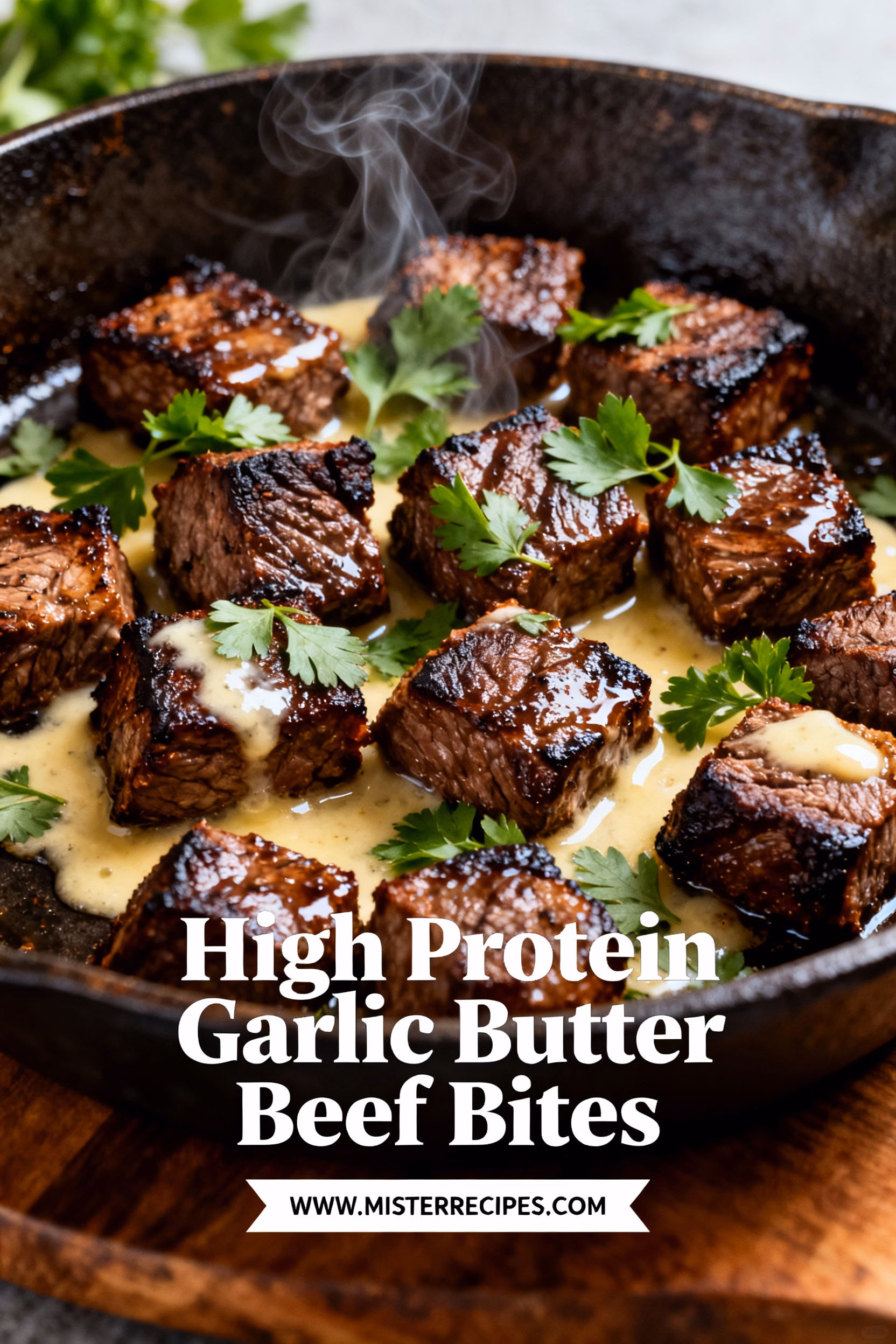 image of realistic top down mise en place shot fresh ingredients arranged on a white marble kitchen counter healthy clear glass bowls rustic brown wooden kitchen sets soft diffuse daylight beef sirloin cubes butter fresh garlic cloves olive oil salt black pepper fresh parsley red pepper flakes shallots green onions parmesan