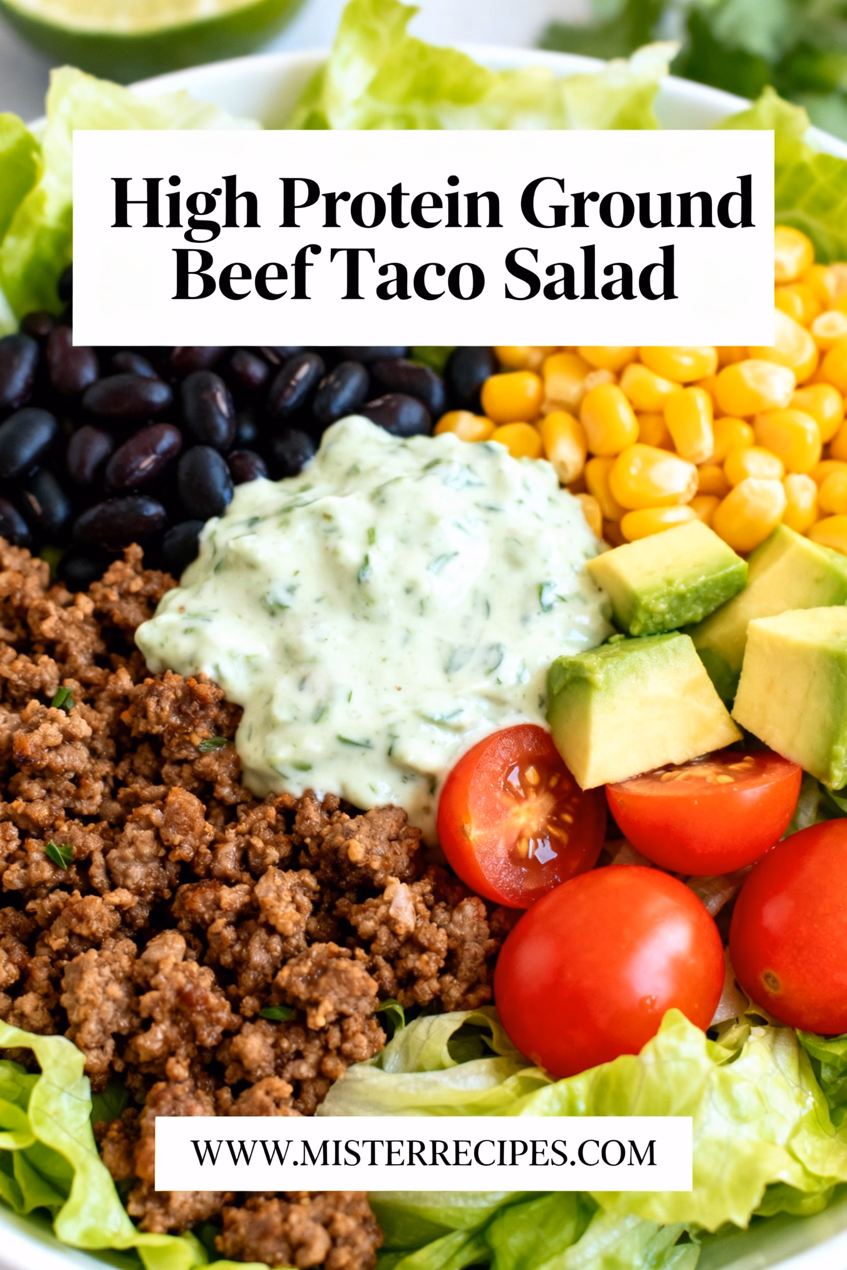 image of fresh ground beef romaine lettuce cherry tomatoes bell peppers black beans corn avocado cheddar cheese taco seasoning cilantro red onion lime juice Greek yogurt ranch seasoning salsa sour cream tortilla chips jalapeños arranged on white marble kitchen counter with clear glass bowls and rustic brown wooden kitchen sets under soft diffuse daylight