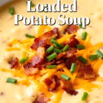image of realistic top down mise en place shot showing the fresh ingredients for homemade loaded potato soup arranged on a white marble kitchen counter with healthy clear glass bowls and rustic brown wooden kitchen sets under soft diffuse daylight russet potatoes sliced bacon onion garlic butter flour chicken broth milk sharp cheddar cheese sour cream chives