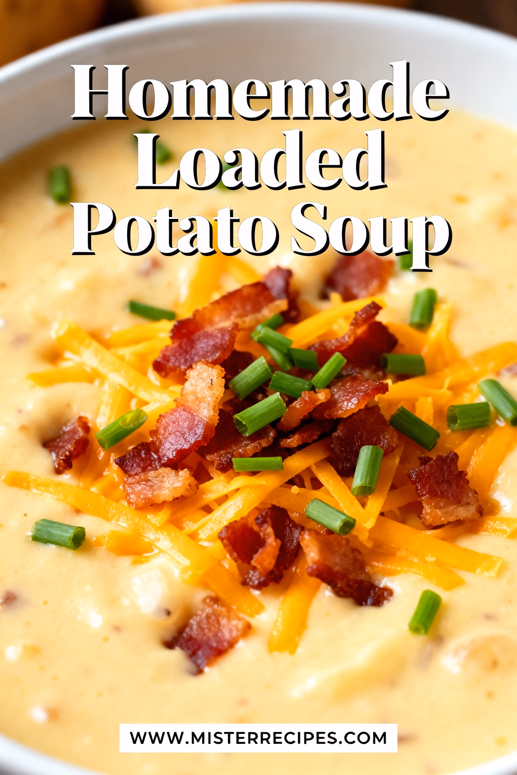 image of realistic top down mise en place shot showing the fresh ingredients for homemade loaded potato soup arranged on a white marble kitchen counter with healthy clear glass bowls and rustic brown wooden kitchen sets under soft diffuse daylight russet potatoes sliced bacon onion garlic butter flour chicken broth milk sharp cheddar cheese sour cream chives