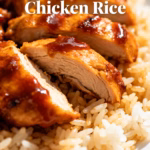 image of Top down mise en place shot fresh ingredients chicken thighs white rice BBQ sauce honey garlic powder onion powder smoked paprika olive oil chicken broth green onions sesame seeds bell peppers broccoli arranged on a white marble kitchen counter healthy clear glass bowls rustic brown wooden kitchen sets soft diffuse daylight