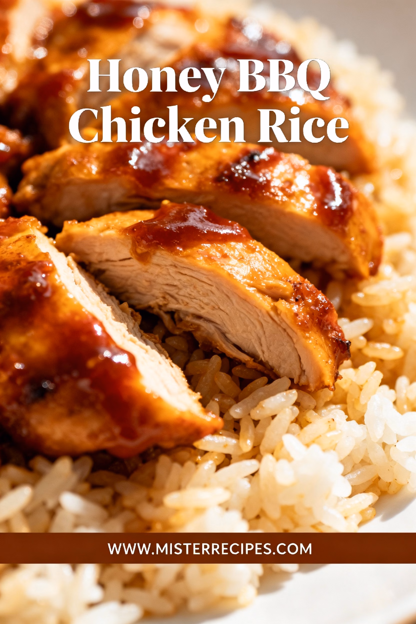 image of Top down mise en place shot fresh ingredients chicken thighs white rice BBQ sauce honey garlic powder onion powder smoked paprika olive oil chicken broth green onions sesame seeds bell peppers broccoli arranged on a white marble kitchen counter healthy clear glass bowls rustic brown wooden kitchen sets soft diffuse daylight