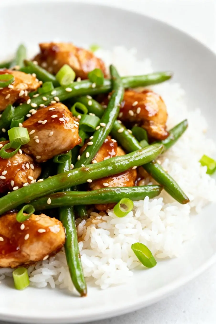 image of chicken breasts cut into cubes fresh green beans honey low sodium soy sauce garlic cloves olive oil chicken broth grated ginger arrowroot powder green onions sesame seeds red pepper flakes neatly arranged in healthy clear glass bowls and rustic brown wooden kitchen sets top down on a white marble kitchen counter under soft diffuse daylight realistic
