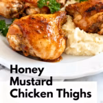 image of fresh chicken thighs honey dijon mustard garlic cloves olive oil salt black pepper fresh parsley leaves arranged on white marble counter with clear glass bowls and rustic brown wooden kitchen sets under soft diffuse daylight