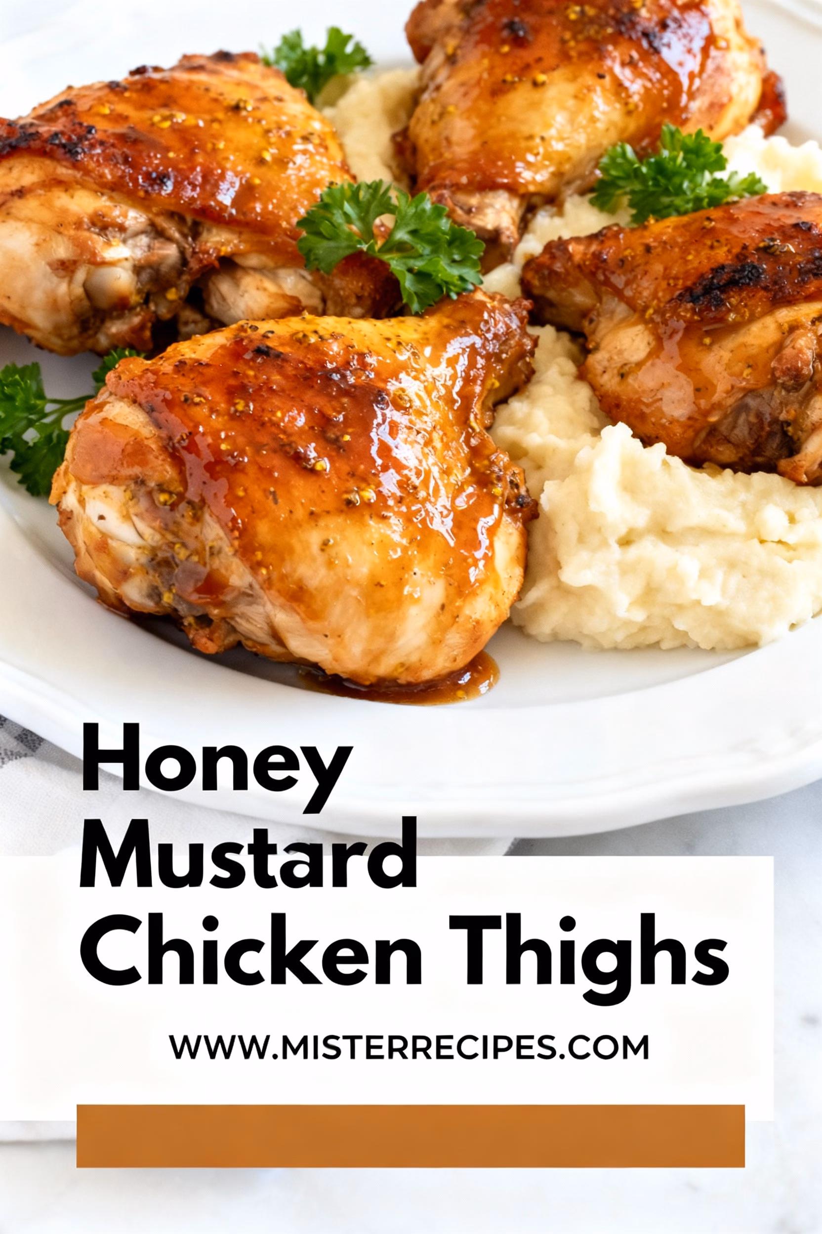 image of fresh chicken thighs honey dijon mustard garlic cloves olive oil salt black pepper fresh parsley leaves arranged on white marble counter with clear glass bowls and rustic brown wooden kitchen sets under soft diffuse daylight