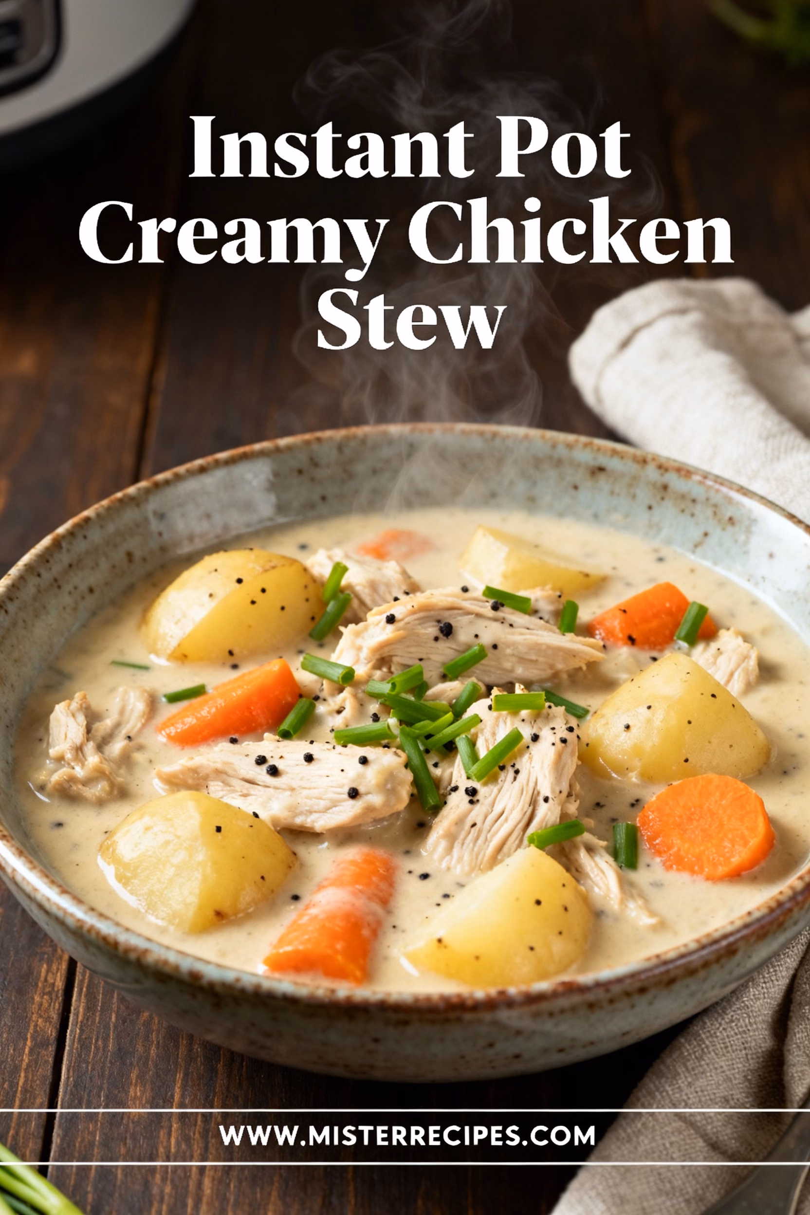 image of fresh boneless skinless chicken breasts carrots celery Yukon Gold potatoes garlic onions chicken broth heavy cream butter frozen peas thyme rosemary sage bay leaf salt black pepper arranged on white marble counter in clear glass bowls with rustic brown wooden kitchen tools under soft daylight