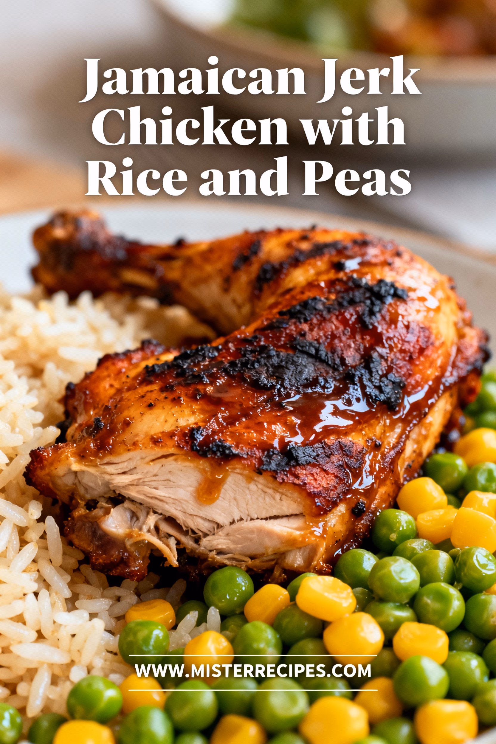 image of chicken thighs jerk seasoning Scotch bonnet pepper kidney beans coconut milk garlic ginger spring onions onion fresh thyme allspice rice arranged on white marble countertop with clear glass bowls and rustic brown wooden kitchen sets under soft diffuse daylight