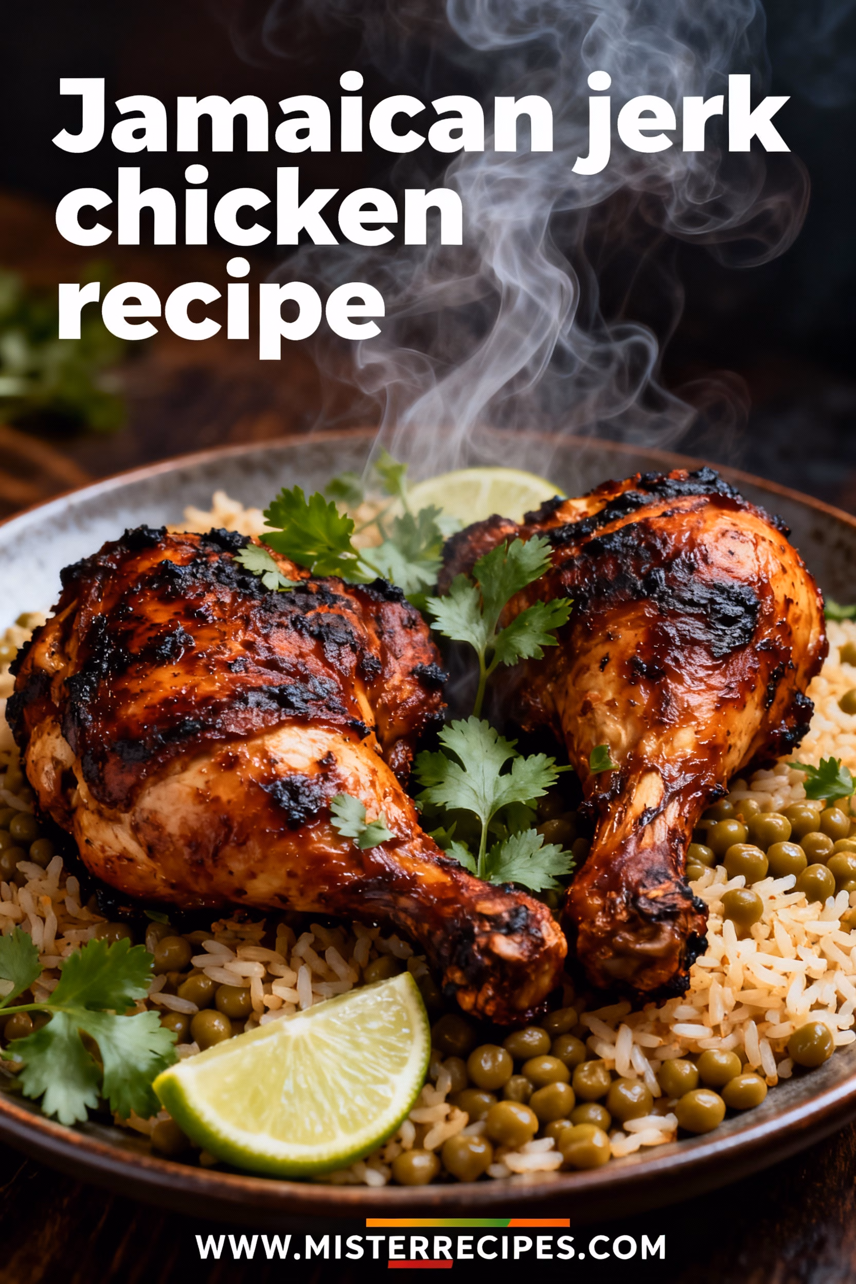 image of realistic top down mise en place shot showing chicken pieces Scotch bonnet peppers fresh thyme garlic green onions onion soy sauce brown sugar ground allspice ground cinnamon ground nutmeg ground ginger black pepper salt dried thyme lime juice on a white marble kitchen counter with healthy clear glass bowls and rustic brown wooden kitchen sets under soft diffuse daylight