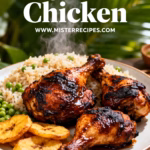 image of chicken pieces scotch bonnet peppers fresh thyme green onions garlic onion fresh ginger ground allspice soy sauce lime juice brown sugar salt black pepper cooking oil arranged on white marble counter with clear glass bowls and rustic wooden kitchen sets under soft daylight