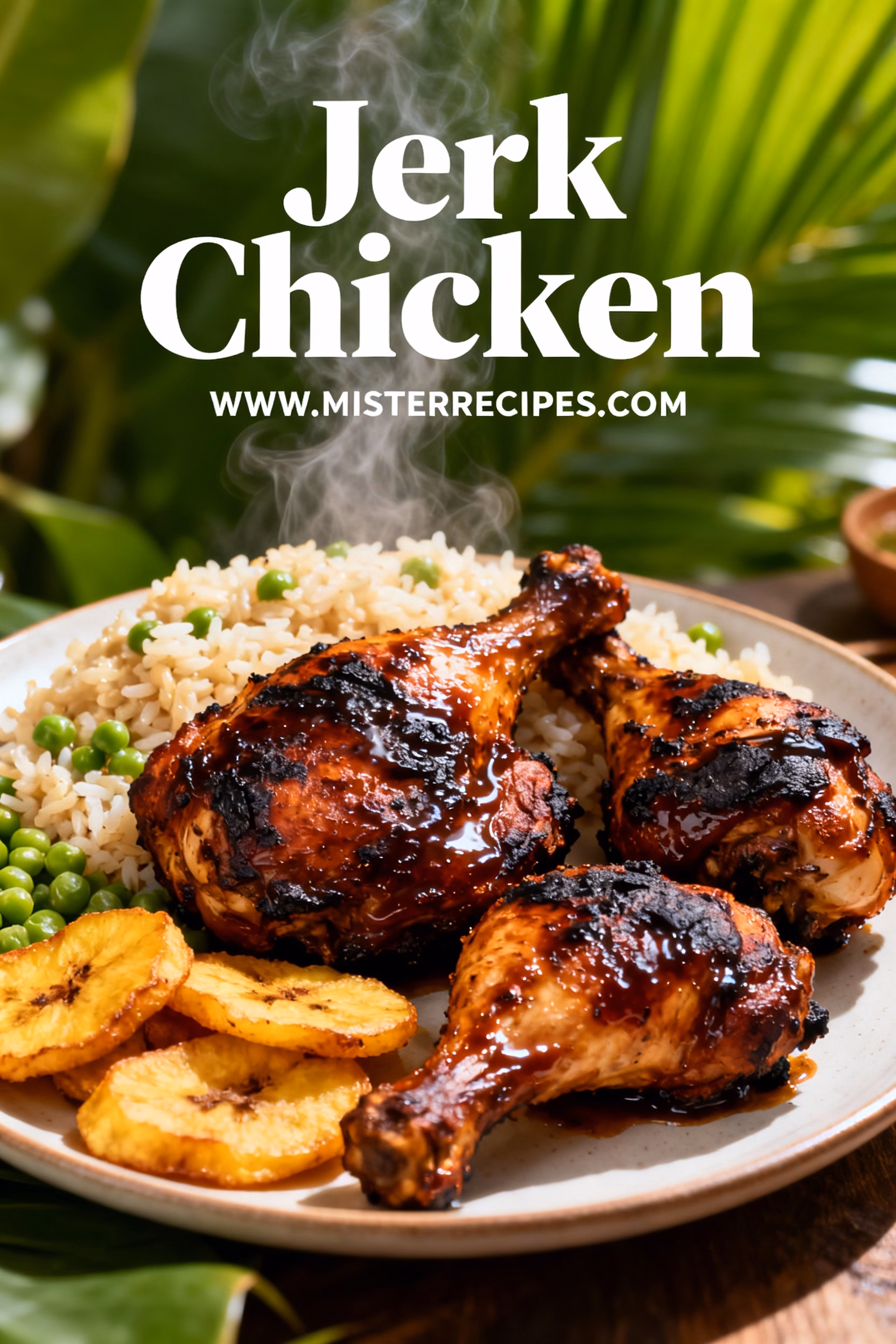 image of chicken pieces scotch bonnet peppers fresh thyme green onions garlic onion fresh ginger ground allspice soy sauce lime juice brown sugar salt black pepper cooking oil arranged on white marble counter with clear glass bowls and rustic wooden kitchen sets under soft daylight